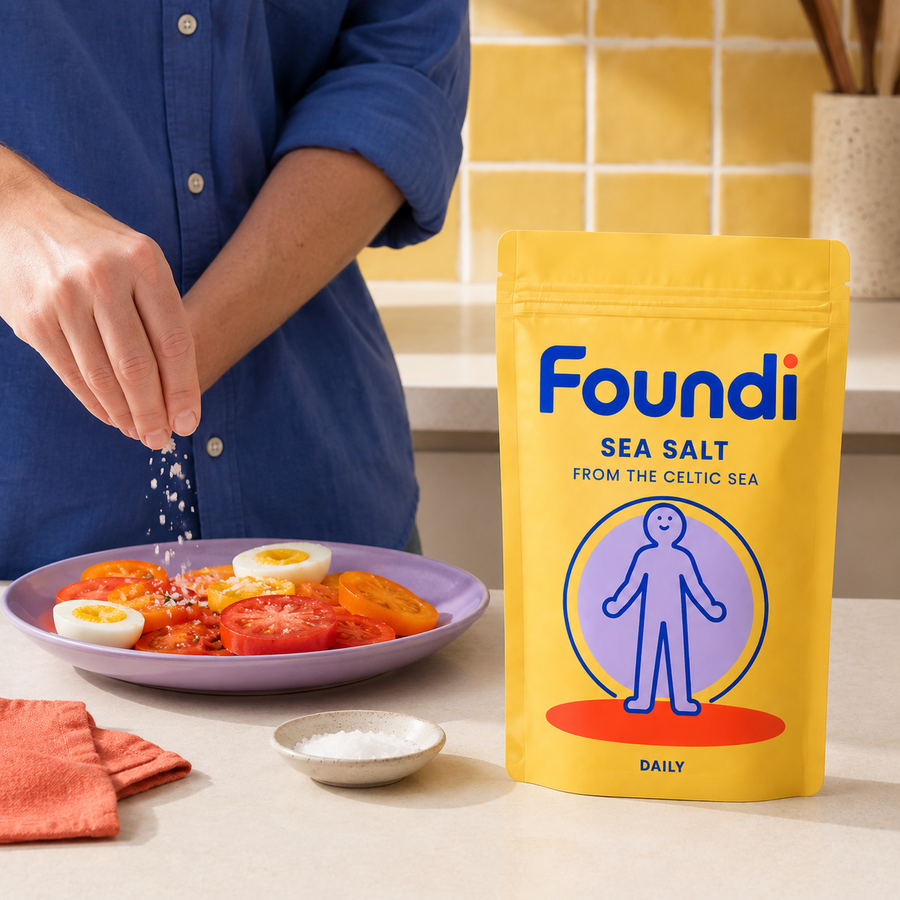 Foundi Daily Sea Salt from the Celtic Sea beside a tomato and egg dish being seasoned in a yellow-tiled kitchen