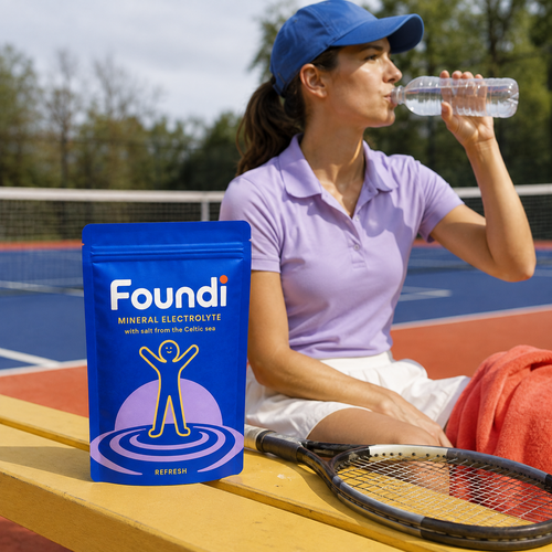 Foundi Refresh Mineral Electrolyte pouch on a tennis-court bench beside a player drinking water