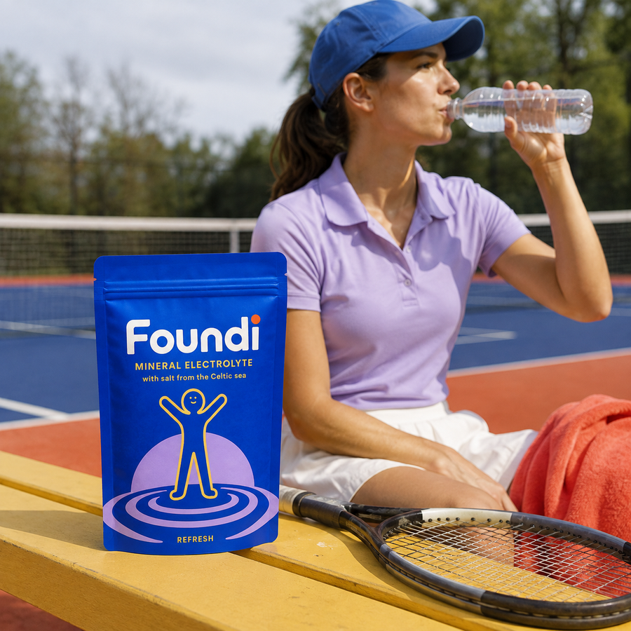 Foundi Refresh Mineral Electrolyte pouch on a tennis-court bench beside a player drinking water