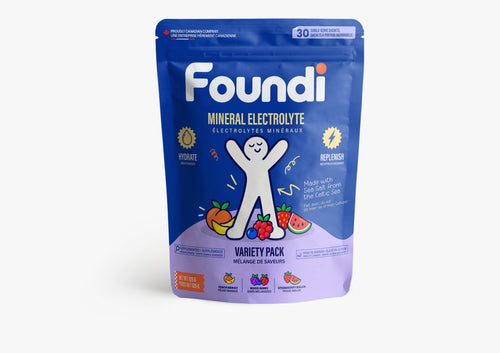 Foundi Mineral Electrolyte variety pack pouch with Peach Mango, Mixed Berry, and Strawberry Melon flavours