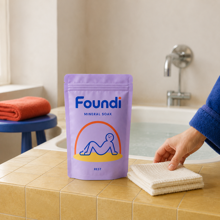 Foundi Rest Mineral Soak beside a bath with a coral towel and blue robe